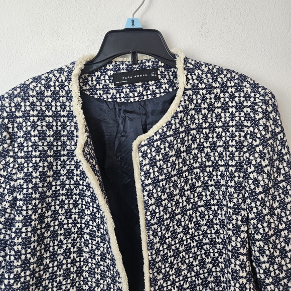 Zara That Viral Coat Blue White Tweed Frayed Size Large - Picture 6 of 7